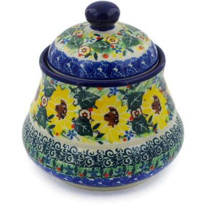 Polish Pottery Jar with Lid 5&quot; Yellow Garden UNIKAT