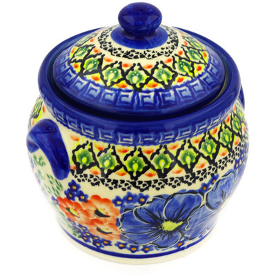 Polish Pottery Jar with Lid 6&quot; Aztec Flowers UNIKAT