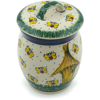 Polish Pottery Jar with Lid 6&quot; Bee Happy UNIKAT