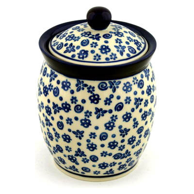 Polish Pottery Jar with Lid 6&quot; Blue Confetti