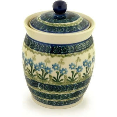 Polish Pottery Jar with Lid 6&quot; Blue Daisy Circle