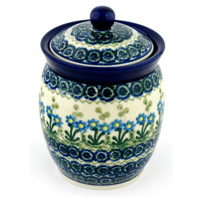 Polish Pottery Jar with Lid 6&quot; Blue Daisy Circle