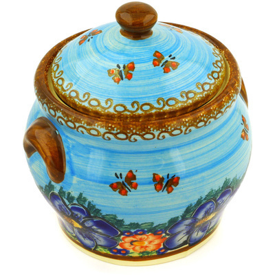 Polish Pottery Jar with Lid 6&quot; Blue Garden UNIKAT