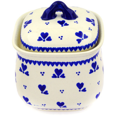 Polish Pottery Jar with Lid 6&quot; Blue Heart Trio