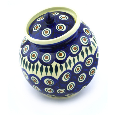 Polish Pottery Jar with Lid 6&quot; Blue Peacock