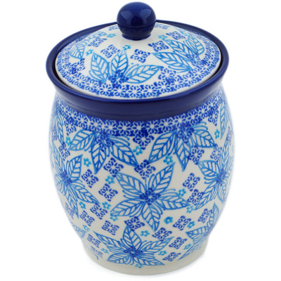 Polish Pottery Jar with Lid 6&quot; Blue Poinsettia UNIKAT