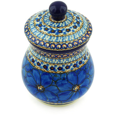 Polish Pottery Jar with Lid 6&quot; Blue Poppies UNIKAT