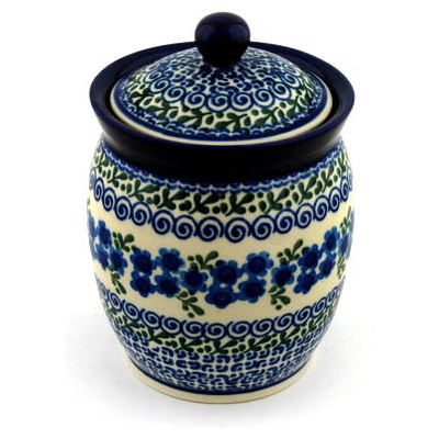 Polish Pottery Jar with Lid 6&quot; Blue Poppy Wreath