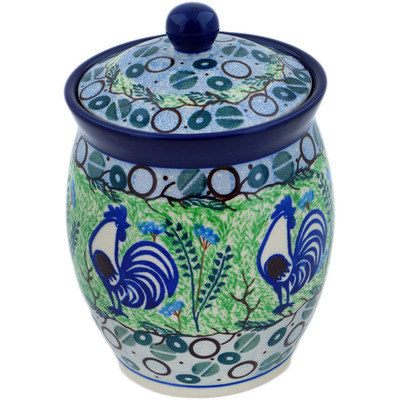 Polish Pottery Jar with Lid 6&quot; Blue Rooster UNIKAT