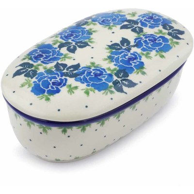 Polish Pottery Jar with Lid 6&quot; Blue Rose