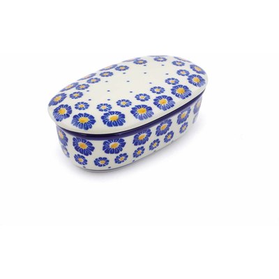 Polish Pottery Jar with Lid 6&quot; Blue Zinnia