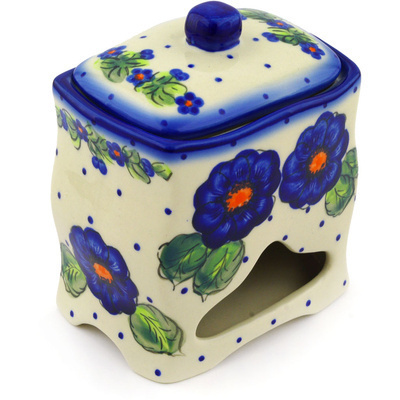 Polish Pottery Jar with Lid 6&quot; Bold Blue Pansy