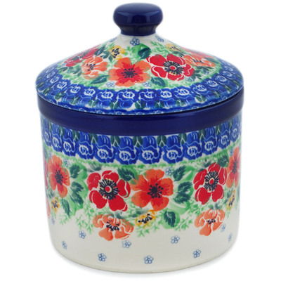 Polish Pottery Jar with Lid 6&quot; Candy Red Poppy UNIKAT