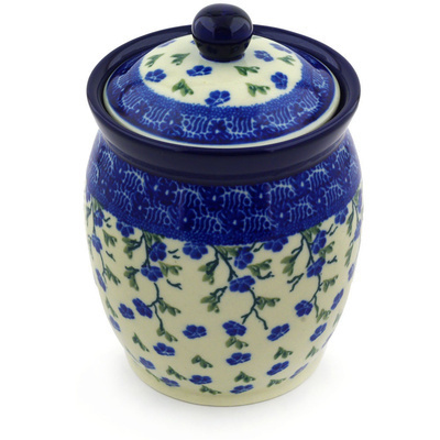 Polish Pottery Jar with Lid 6&quot; Cascading Blue Blossoms