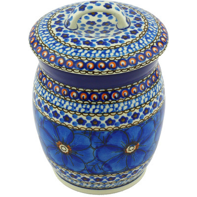 Polish Pottery Jar with Lid 6&quot; Cobalt Poppies UNIKAT