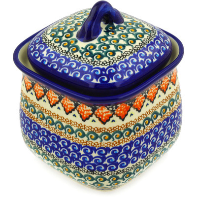 Polish Pottery Jar with Lid 6&quot; Coral Diamonds UNIKAT
