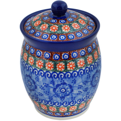 Polish Pottery Jar with Lid 6&quot; Dancing Blue Poppies UNIKAT