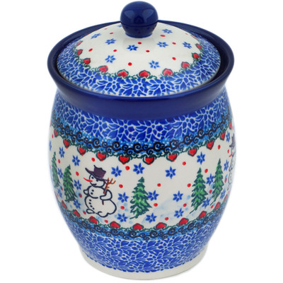 Polish Pottery Jar with Lid 6&quot; Dancing Snowman UNIKAT
