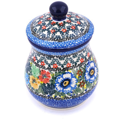 Polish Pottery Jar with Lid 6&quot; Delightful Motif UNIKAT