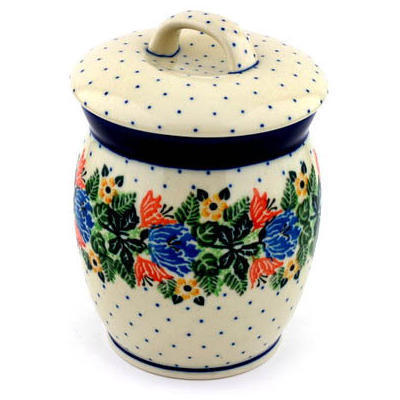 Polish Pottery Jar with Lid 6&quot; Dotted Floral Wreath UNIKAT