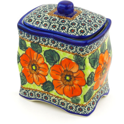 Polish Pottery Jar with Lid 6&quot; Fiery Poppies UNIKAT