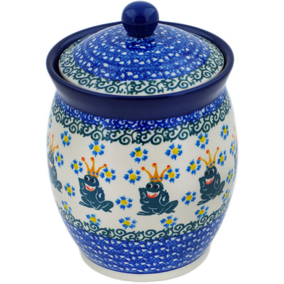 Polish Pottery Jar with Lid 6&quot; Frog Prince UNIKAT