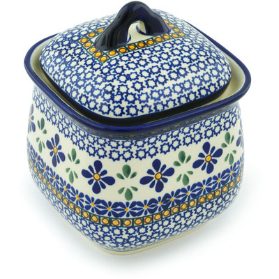 Polish Pottery Jar with Lid 6&quot; Gangham Flower Chain