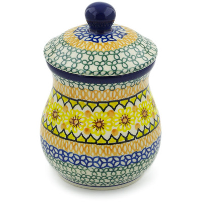 Polish Pottery Jar with Lid 6&quot; Geometric Sunflower