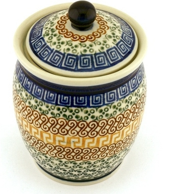 Polish Pottery Jar with Lid 6&quot; Grecian Sea