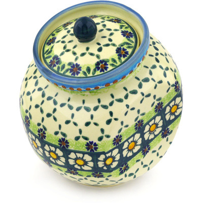 Polish Pottery Jar with Lid 6&quot; Green Daisy