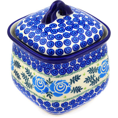 Polish Pottery Jar with Lid 6&quot; Lady Blue Roses UNIKAT