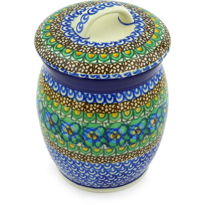 Polish Pottery Jar with Lid 6&quot; Mardi Gras UNIKAT