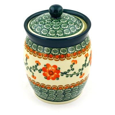 Polish Pottery Jar with Lid 6&quot; Orange Poppies