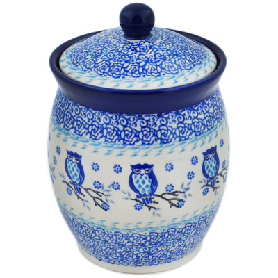 Polish Pottery Jar with Lid 6&quot; Owl Kingdom UNIKAT