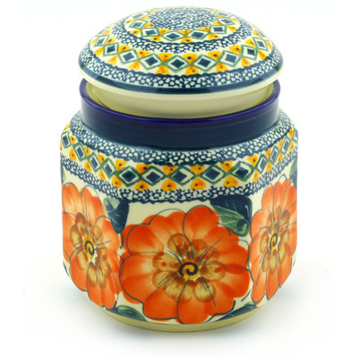Polish Pottery Jar with Lid 6&quot; Peach Poppies UNIKAT