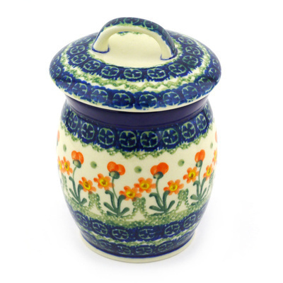 Polish Pottery Jar with Lid 6&quot; Peach Spring Daisy