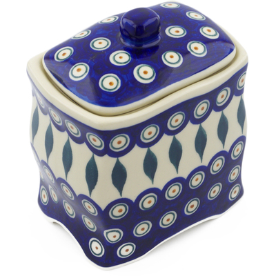 Polish Pottery Jar with Lid 6&quot; Peacock