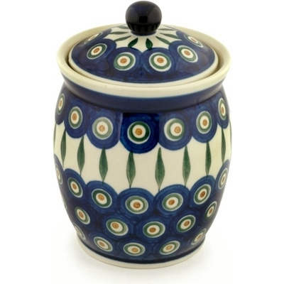 Polish Pottery Jar with Lid 6&quot; Peacock Leaves