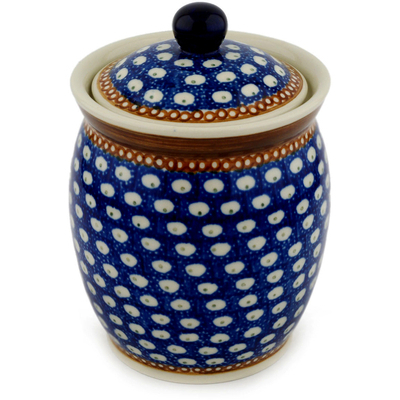 Polish Pottery Jar with Lid 6&quot; Peacock Rain