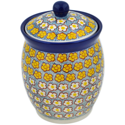 Polish Pottery Jar with Lid 6&quot; Popcorn Daisies UNIKAT