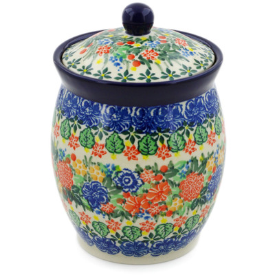 Polish Pottery Jar with Lid 6&quot; Red Bouquet UNIKAT