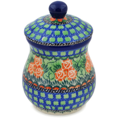 Polish Pottery Jar with Lid 6&quot; Red Impatiens UNIKAT