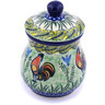 Polish Pottery Jar with Lid 6&quot; Rooster Parade UNIKAT