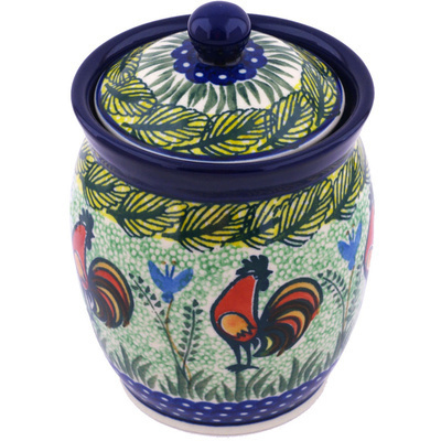 Polish Pottery Jar with Lid 6&quot; Rooster Row UNIKAT