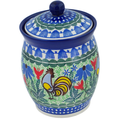 Polish Pottery Jar with Lid 6&quot; Spring Rooster UNIKAT