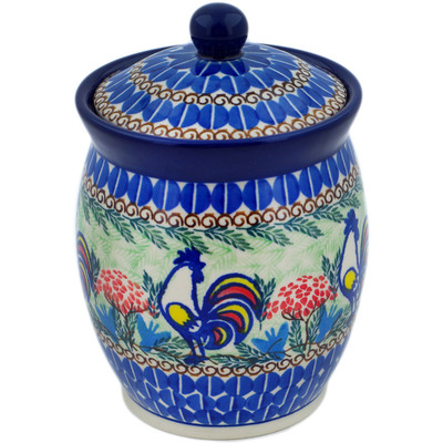 Polish Pottery Jar with Lid 6&quot; Summer Rooster UNIKAT