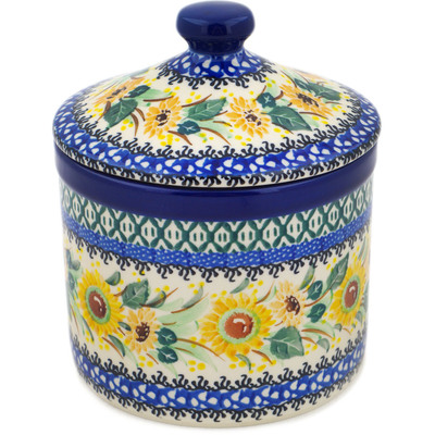 Polish Pottery Jar with Lid 6&quot; Sunflowers At Sunset UNIKAT