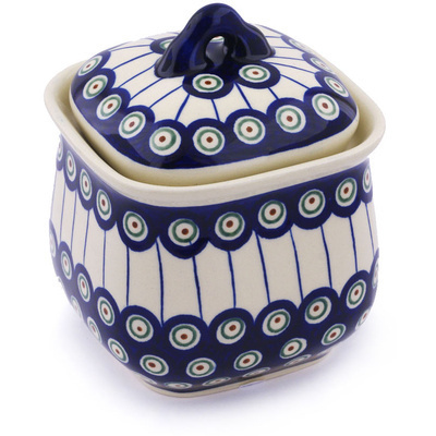 Polish Pottery Jar with Lid 6&quot; Traditional Peacock
