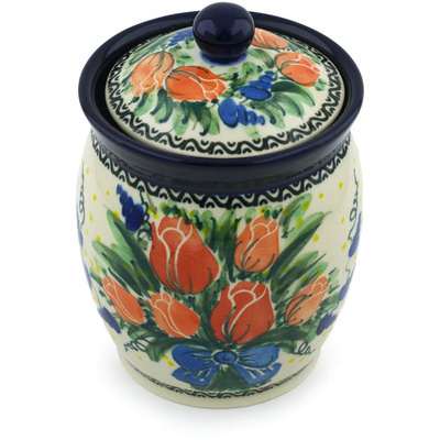 Polish Pottery Jar with Lid 6&quot; Tulip Bouquet UNIKAT