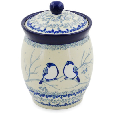 Polish Pottery Jar with Lid 6&quot; Waiting Birds UNIKAT